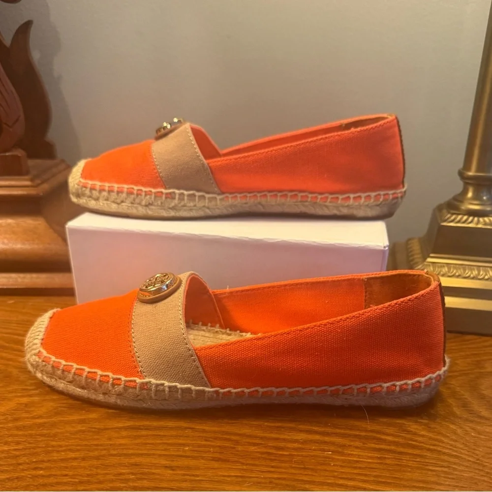Tory Burch Beacher Orange Tan Gold Espadrilles Size 5.5